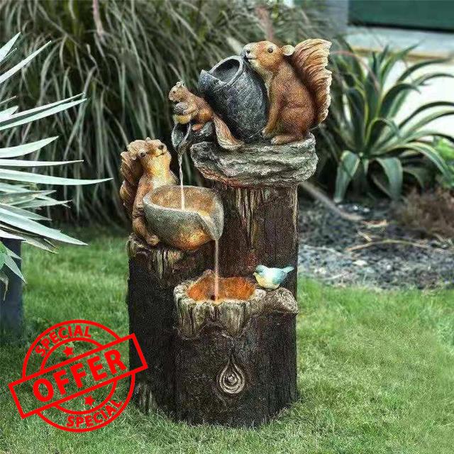Solar Squirrel Fountain Statue with LED Light - Water Feature for Garden Patio Decoration
