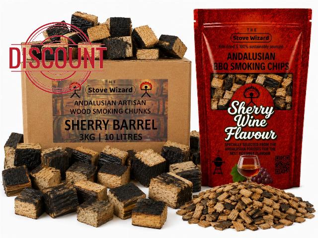 Sherry Wine BBQ Smoking Wood Chips & Chunks 3.4L + 10L                                                          850g / 3.4L Chips + 3kg / 10L Chunks | Selected & Imported Direct from Andalusia