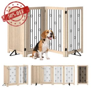 PawHut Freestanding Pet Gate Foldable Dog Gate 205 x 30.5 x 91.5 cm Oak                                                          Lockable Door