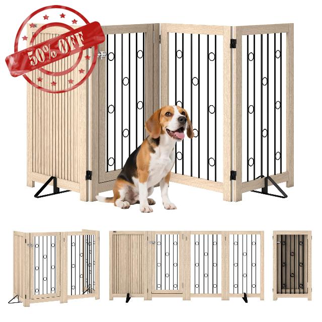 PawHut Freestanding Pet Gate Foldable Dog Gate 205 x 30.5 x 91.5 cm Oak                                                          Lockable Door