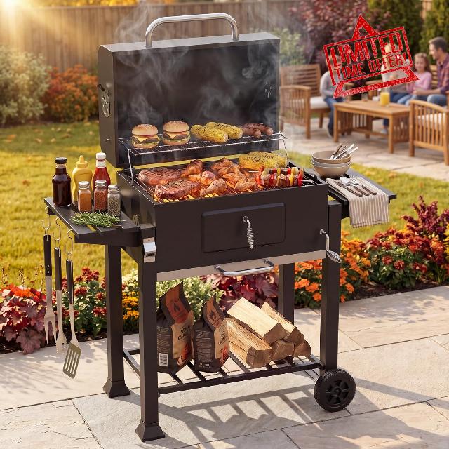 Aoxun XXL Charcoal BBQ Smoker Grill with Dual Side Work Tables – Adjustable Charcoal Tray for Fast Grilling & Low‑Slow Smoking – Chimney Vent
