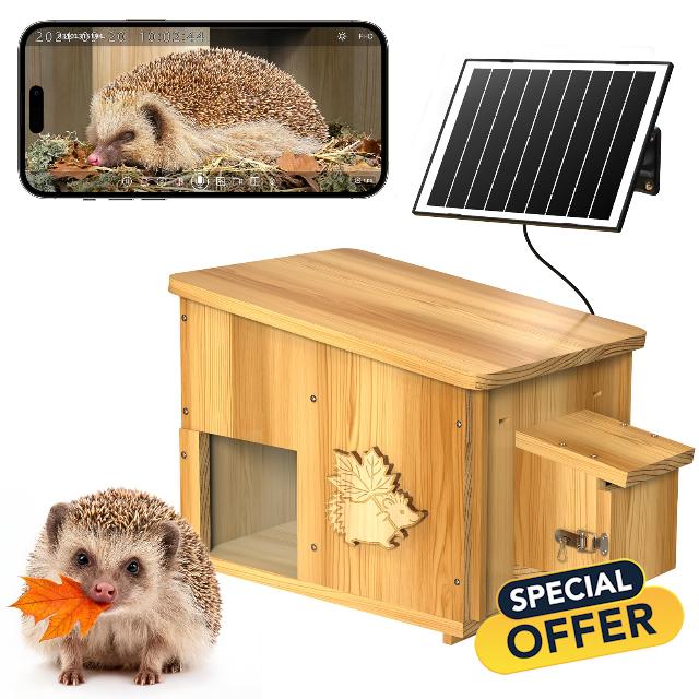 Smart Hedgehog Houses for Garden with Solar Powered 2K Nest Camera - Weatherproof Solid Wood Hedgehog House with Camera & Safe Entrance | Wildlife Hibernation Box & Educational Family Nature Gif
