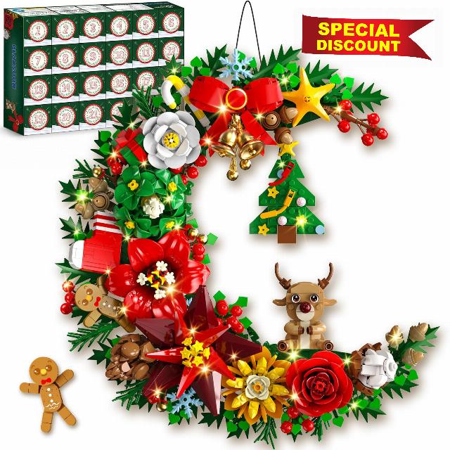 PLAXSOON Advent Calendar 2026 Christmas Moon Wreath Building Set with Light                                                          24 Days Countdown Building Block Kit