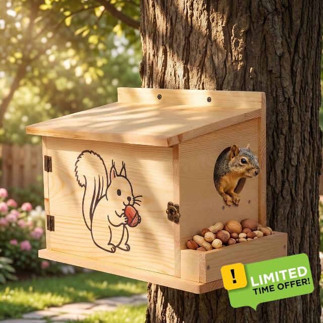 Wooden Squirrel House with Feeder Station