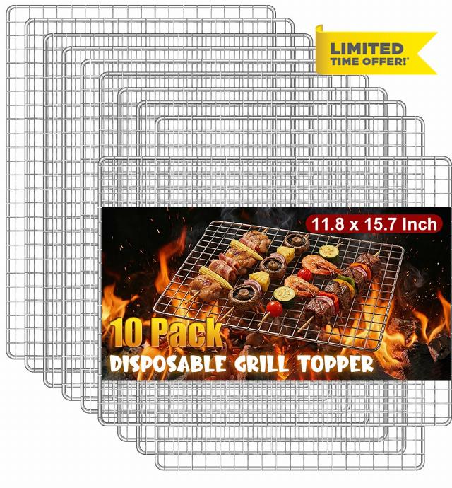 10 Pack Disposable Grill Topper（Sliver）                                                          Stainless Steel Barbecue Mesh Mat