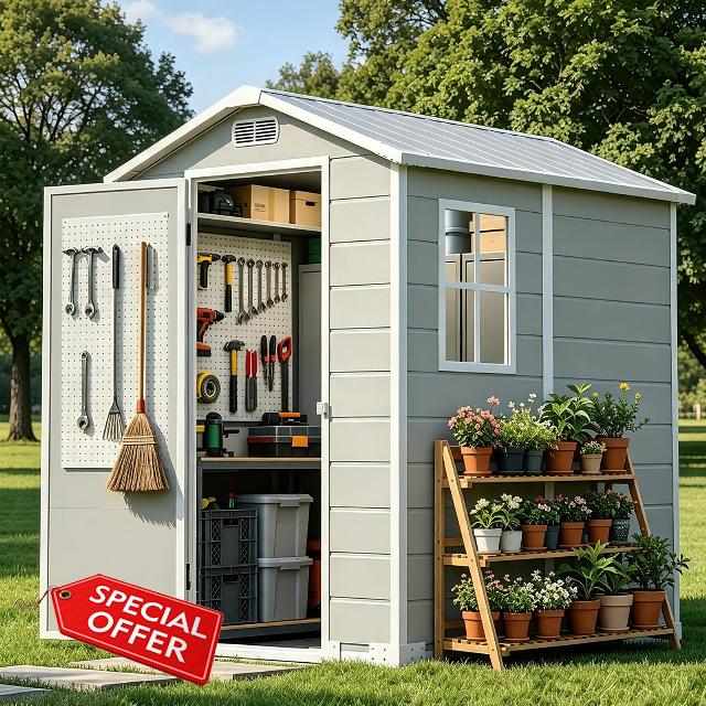 4x6 FT Plastic Shed with Window/Floor/Lockable Door/Ventilation Ports                                                          Waterproof Storage for Garden Patios to Store Tools