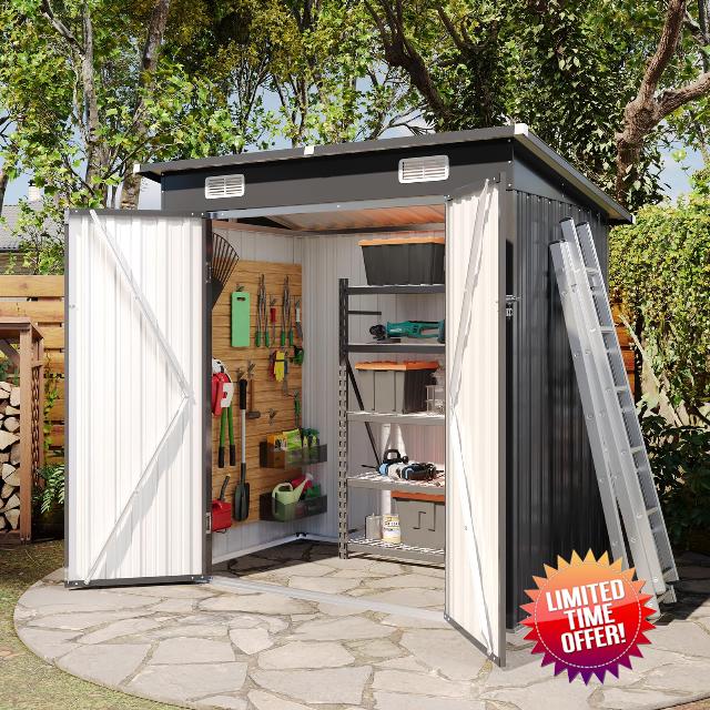 Aoxun 6x4 FT Metal Garden Shed Pent Roof Outdoor Storage Bike Shed                                                          Weatherproof 187x 125x 186cm pent metal garden shed with sliding doors and ground anchors for secure