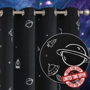 Vangao Black Blackout Curtains Space Theme for Boys Kids Nursery Girls Room Silver Foil Print Grommet Top Window Drapes 63 Inches Length 2 Panels for Bedroom Living Room