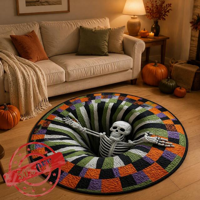 3D Skeleton Quilted Round Optical Illusion Rug | 3D Halloween Rugs Indoor                                                          3D Rugs Optical Illusion Spooky Ghost Round Mat | Soft Non-Slip Plush Floor Mats for Halloween Home Party Deco