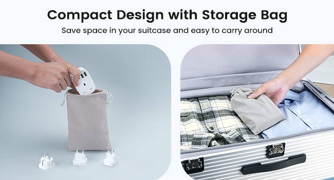 Text reads 'Compact Design with Storage Bag, Save space in your vehicle and easy to carry around'. Split-panel image showing storage bag with carrying handle and organized compartments with zippered sections for compact storage and portability.