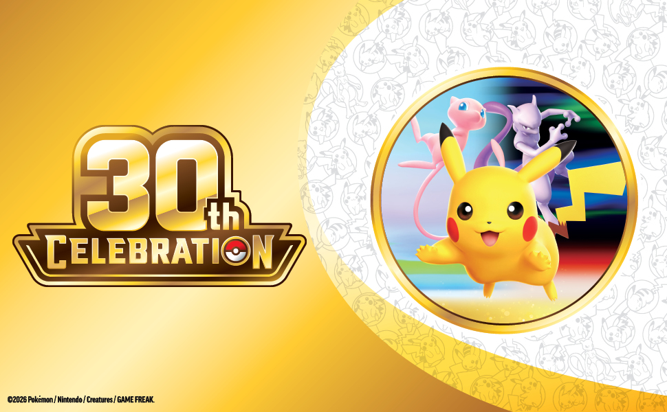 Text reads '30' and 'CELEBRATION' in gold lettering. Pok&eacute;mon 30th anniversary logo badge featuring Pikachu character in circular yellow frame against gradient background with celebratory design elements.