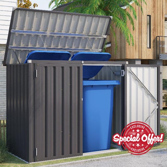 YODOLLA Wheelie Bin Storage Outdoor Shed Garden Storage Box Steel Grey                                                          Weather resistant steel storage shed with hydraulic lid support