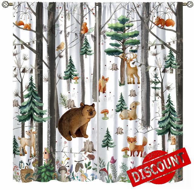 YCness Kid Forest Woodland Animal Fox Elk Bear Watercolor Print Curtains for Nursery Bedroom Living Room