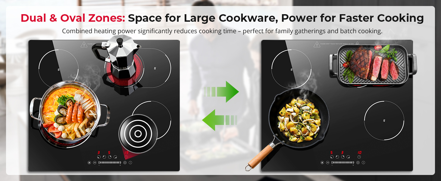 Text reads 'Dual & Oval Zones: Space for Large Cookware, Power for Faster Cooking'. Induction cooktop comparison showing dual cooking zones with food being prepared on black surface.