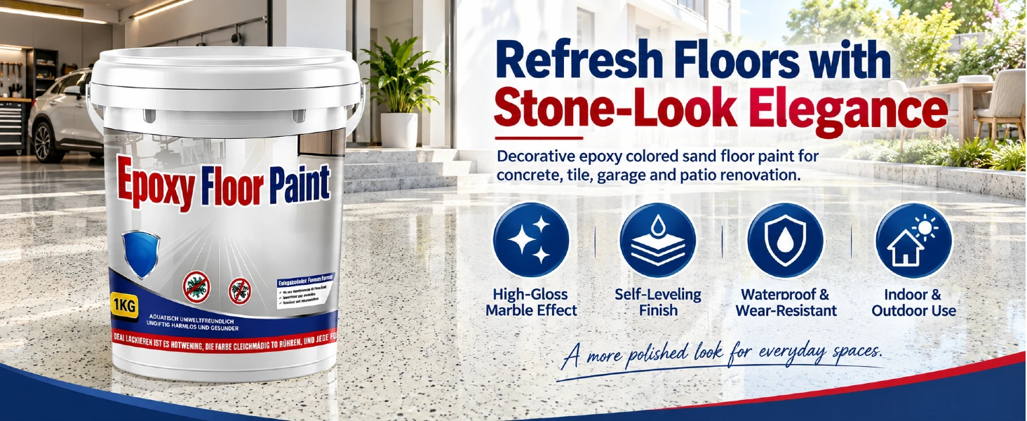 Text reads 'Refresh Floors with Stone-Look Elegance', 'Epoxy Floor Paint', product benefits icons showing durability, protection, coverage, and application features for decorative floor coating solution.