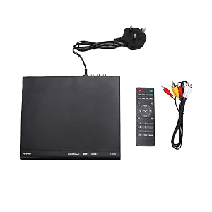 Text reads 'Lightweight and Portable Design', 'Compact Size for Home, Bedroom, Travel and RV Use'. Split image showing DVD player and bedroom setup with specifications.