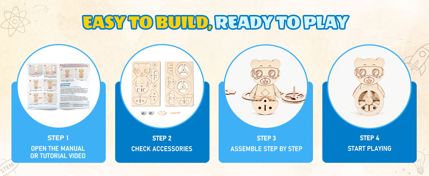 Text reads 'VIDEO ASSEMBLY GUIDE' in yellow and blue. Child viewing laptop displaying instructional assembly guide with illustrated steps and diagrams.