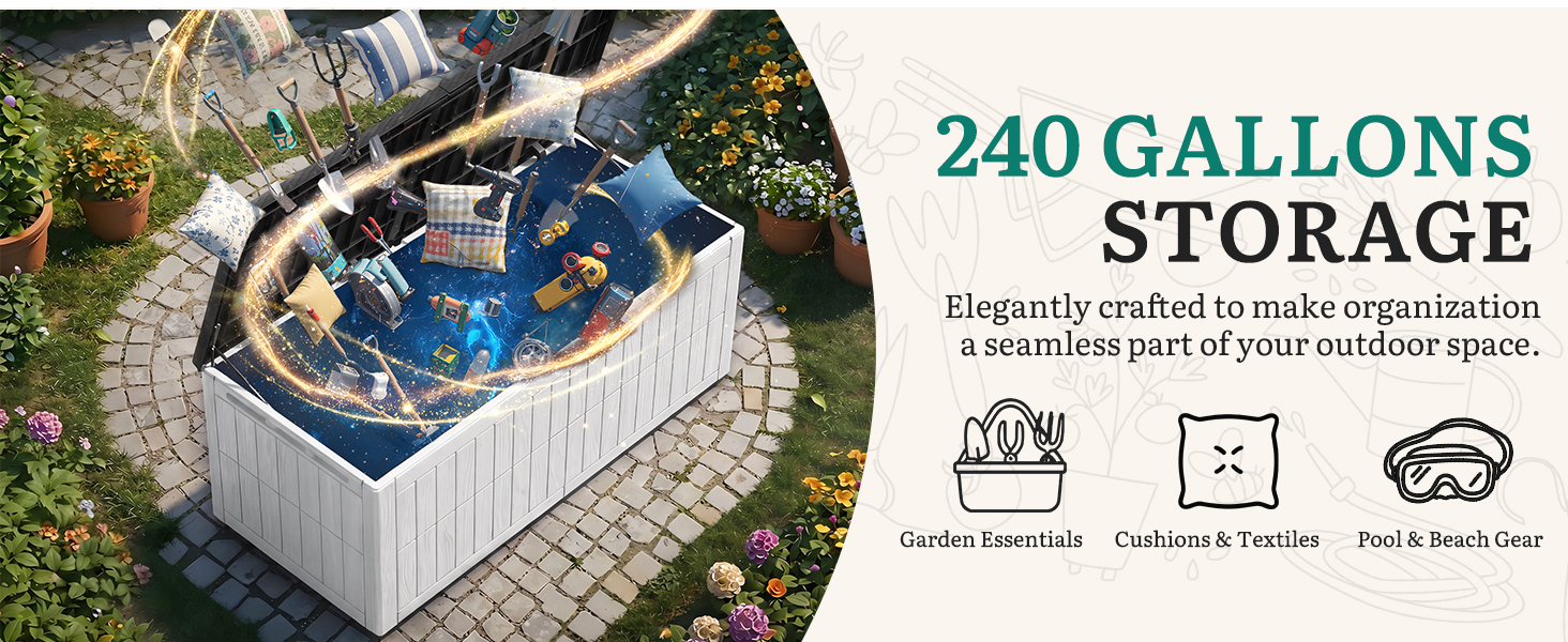 Text reads '240 GALLONS STORAGE' with 'Elegantly crafted to make organization a centerpiece of your outdoor space.' White wicker storage basket with blue interior, garden icons, outdoor organization furniture piece.