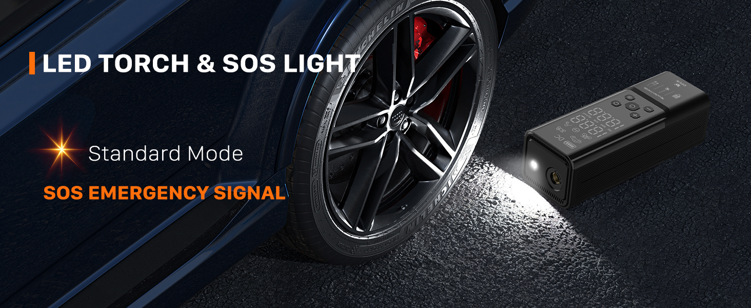 Text reads 'LED TORCH & SOS LIGHT', 'Standard Mode', 'SOS EMERGENCY SIGNAL' in orange. Flashlight creating light beam on vehicle wheel, demonstrating emergency alert function.