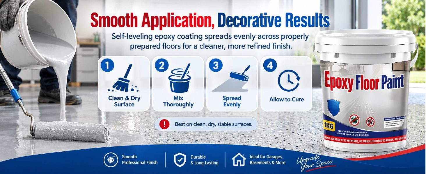 Text reads 'Made for Real Renovation Projects', 'Epoxy Floor Paint', product labels and certification badges visible. Paint product container with application imagery showing construction/renovation use cases.
