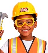Assortment of construction safety equipment including hammer, wrenches, pliers, screwdriver, yellow safety goggles, hard hat, reflective orange safety vest, and claw tool.