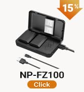 Text reads 'NP-FZ100' indicating Sony rechargeable camera battery pack displayed against white background with '15+' indicator in top corner.