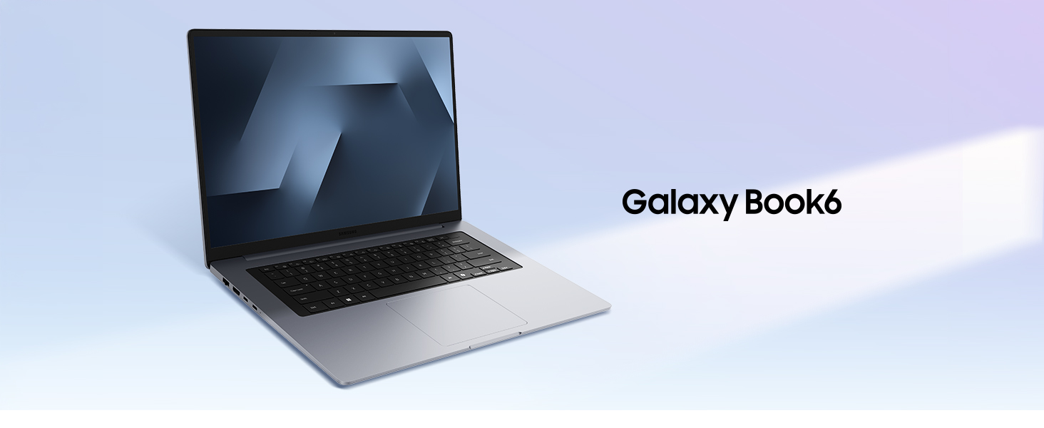 Text reads 'Image 2' and 'Galaxy Book6'. Laptop computer shown in profile view against light blue background, displaying sleek metallic design.