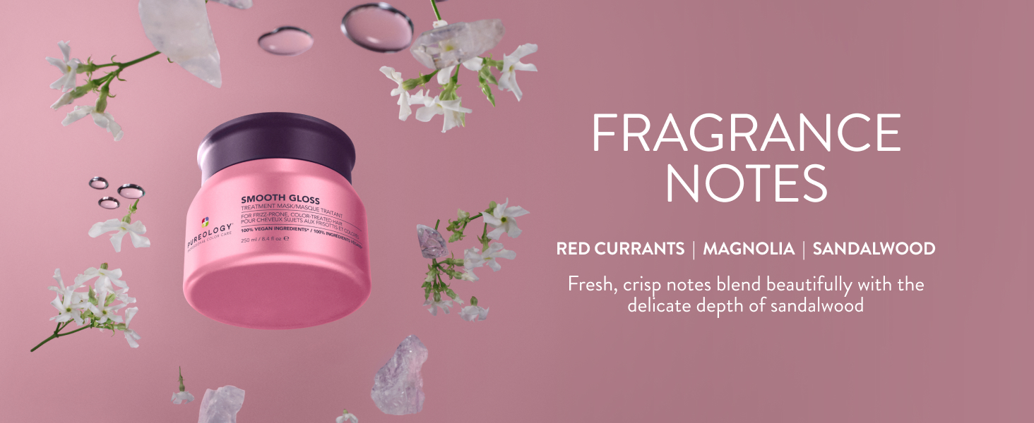 Text reads "FRAGRANCE NOTES". Pink cylindrical fragrance container displayed with decorative floral elements and botanical illustrations on dusty rose background.