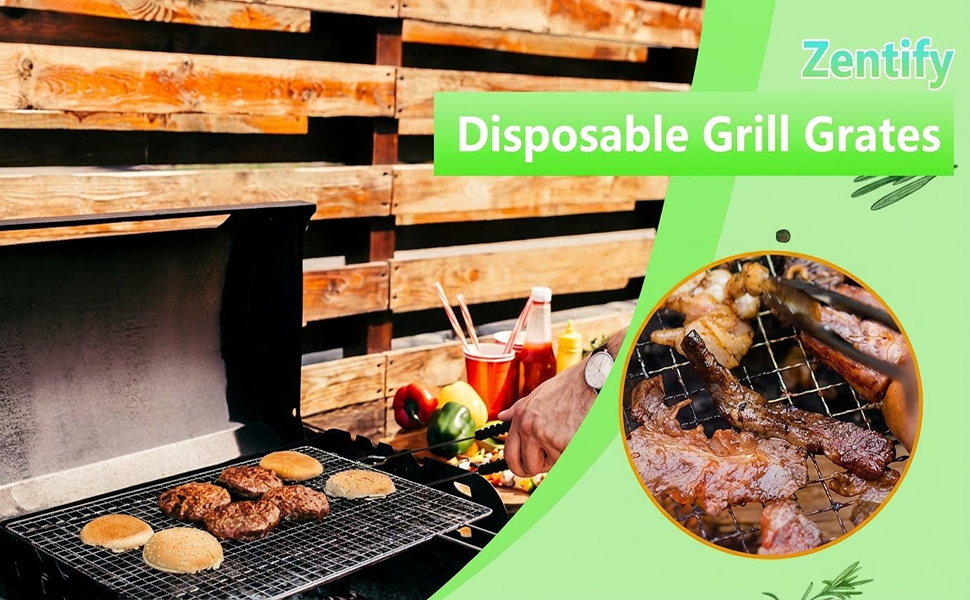 Text reads 'Zenify Disposable Grill Grates' with grilled meat close-up photo and orange-handled disposable grill grates displayed.