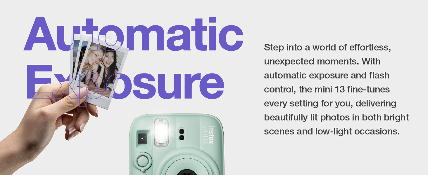 Text reads "Automatic Exposure" with partial descriptive text about effortless operation and automatic exposure flash control. Hand holding camera device shown with green control panel visible.
