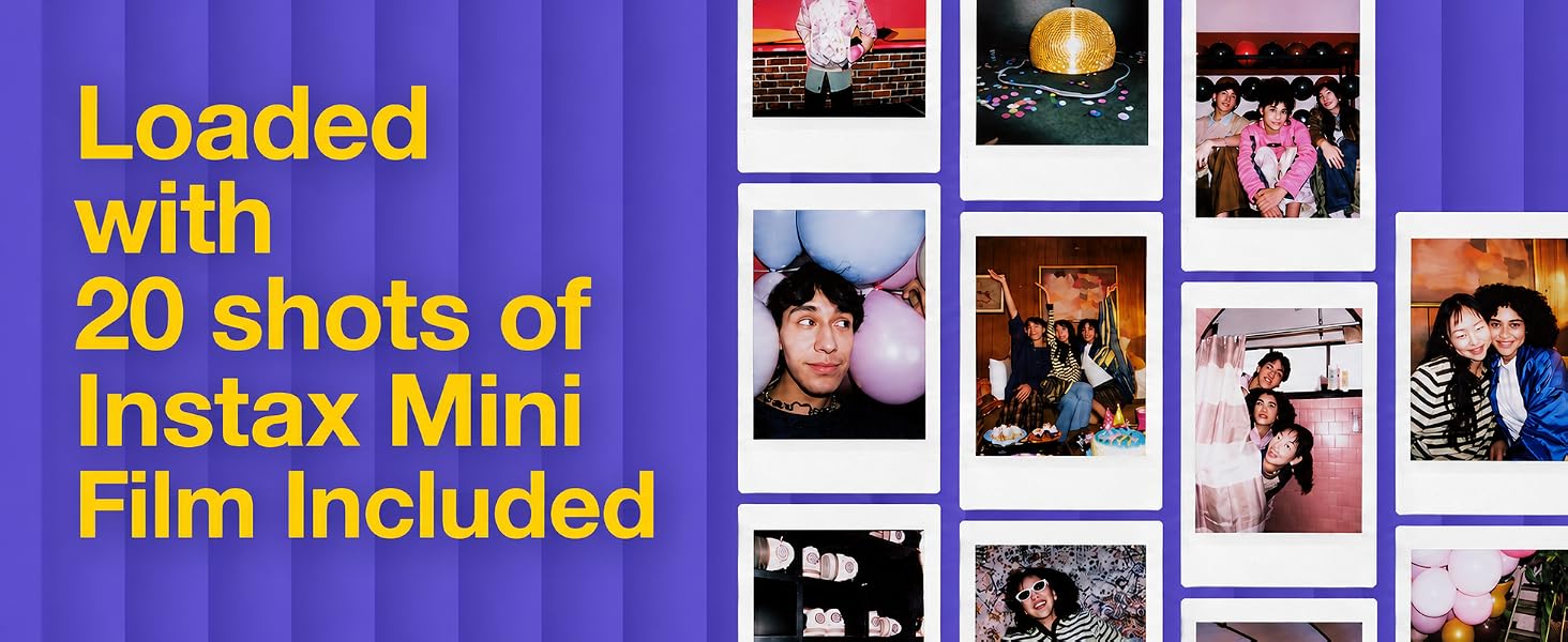 Text reads 'Loaded with 20 shots of Instax Mini Film Included'. Blue background with grid display of colorful instant film photographs.