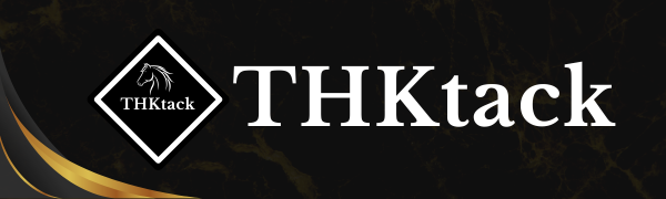 Text reads: 'THKtack' with diamond logo containing 'THK'. White text on black background with gold accent line, brand identity or logo display.