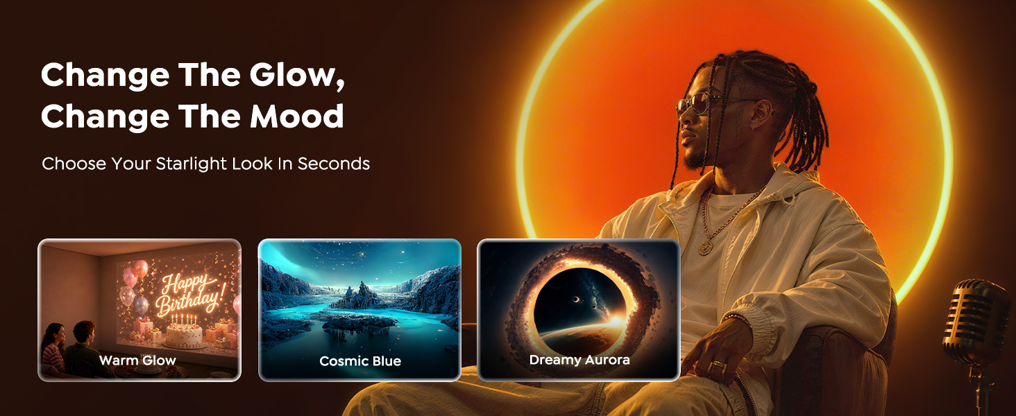 Text reads 'Change The Glow. Change The Mood' and 'Discover Your Personal Light Experience'. Person wearing headphones against glowing orange circular backdrop with three lifestyle imagery panels below.