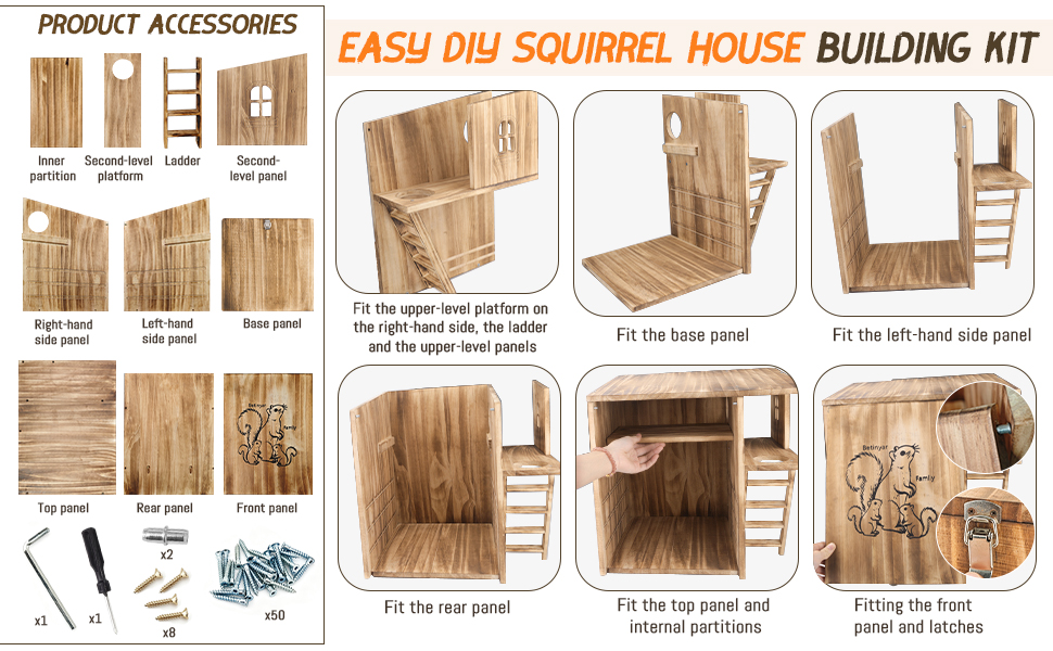 Text reads 'SQUIRREL HOME WITH THOUGHTFUL DETAILS.' Wooden squirrel hideaway house with multiple compartments, storage shelves, and labeled features including 'Waterproof roof,' 'Stable base,' and 'Extra hideaway space.'