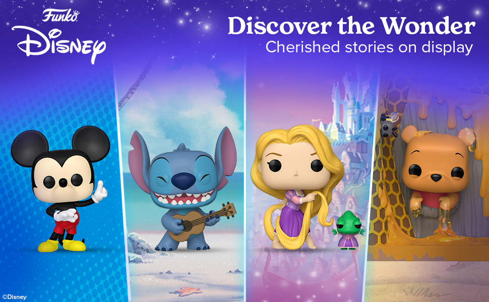 Text reads 'Funko Disney Discover the Wonder Cherished stories on display'. Four Funko Pop vinyl figures displayed: Mickey Mouse in classic outfit, Stitch in blue, Rapunzel in purple, and Winnie the Pooh in gold tones.