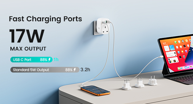 Text reads 'Fast Charging Ports 17W MAX OUTPUT' with '3 USB Ports' and '3.2h'. White power adapter with USB ports charging multiple devices including smartphone and laptop.