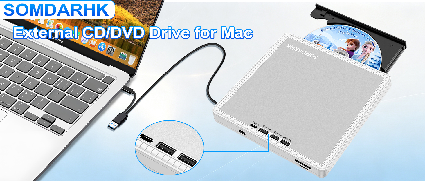 Text reads "SOMDARHIR" and "DVD". USB hub device with multiple ports connected to laptop, displaying connectivity setup with cables and external storage adapter.