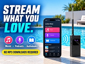 Text reads 'STREAM WHAT YOU LOVE' with streaming service logos and icons. Promotional graphic showing mobile device displaying streaming apps and entertainment content.