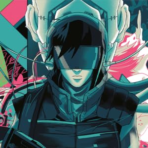 Text reads 'GHOST IN THE SHELL'. Anime-style artwork showing a figure in dark tactical gear with geometric colorful background elements in teal, pink, and yellow tones.