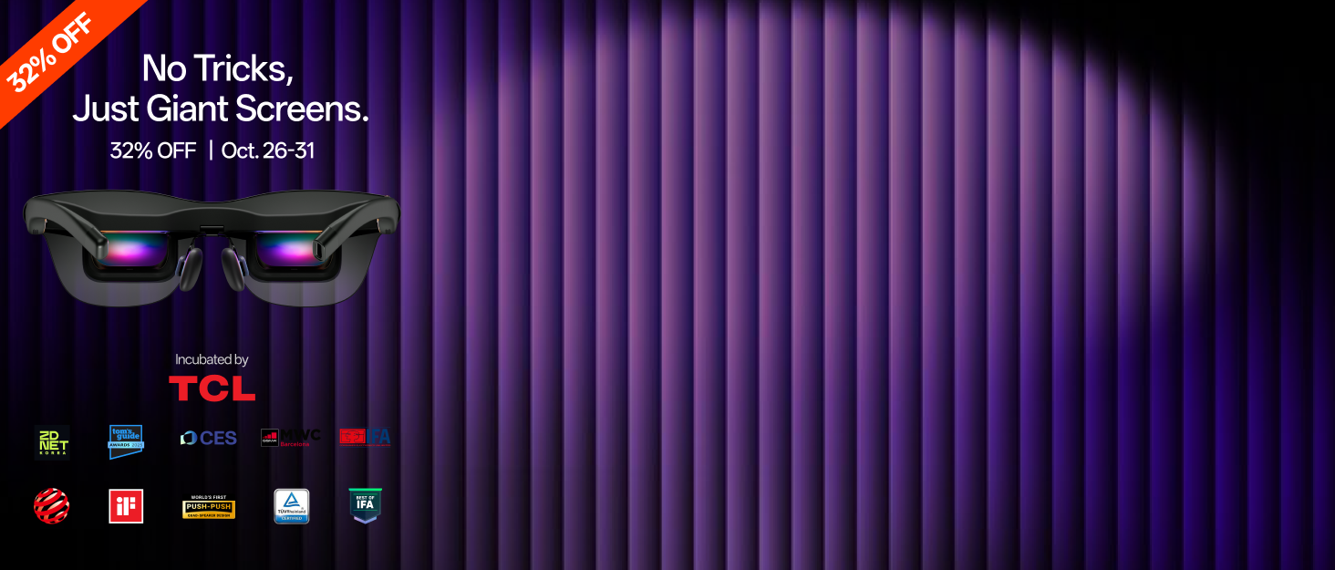 Text reads 'No Tricks, Just Treats' and product branding. Dark blue product displayed on purple striped background with TCL and other brand logos below.