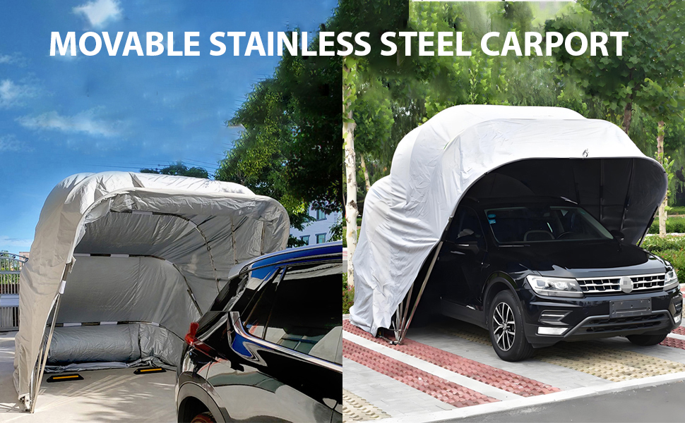 Text reads 'MOVABLE STAINLESS STEEL CARPORT'. Image shows white carport structure installed over parked vehicles in outdoor driveway setting.