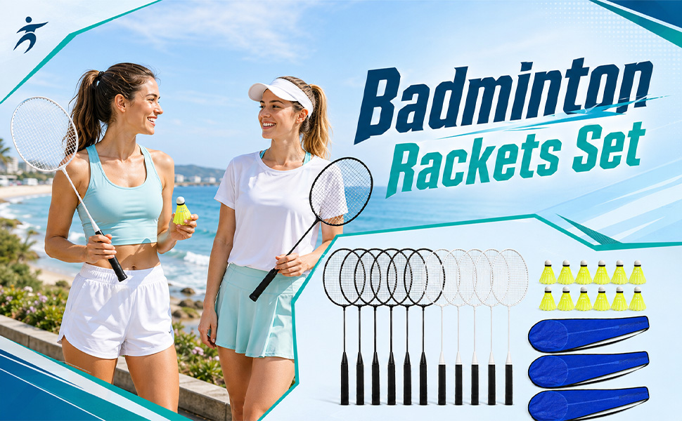 Text reads "Badminton Rackets Set". Two women demonstrating badminton equipment outdoors. Set includes multiple black and white rackets, yellow shuttlecocks, and blue carrying cases.