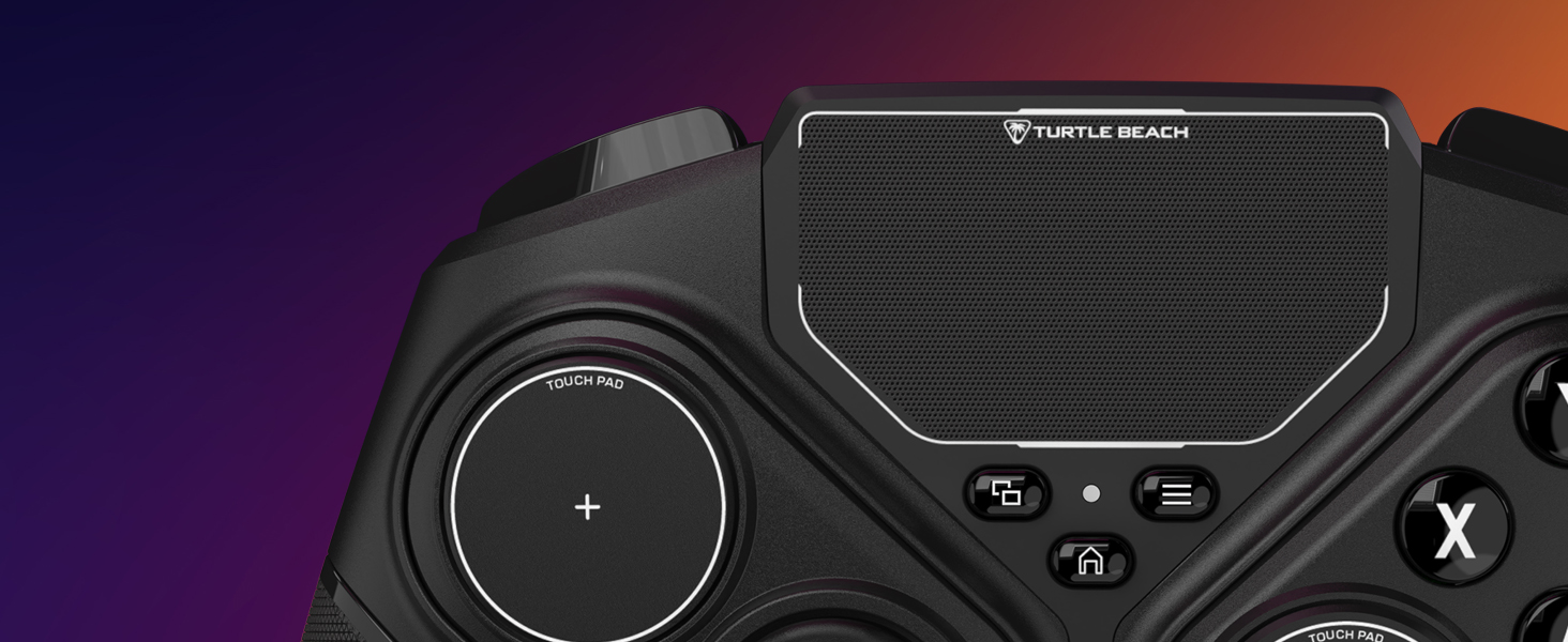 Black wireless gaming controller displayed against vibrant sunset gradient background with palm tree silhouette, featuring dual analog sticks and button layout.