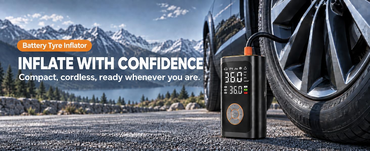 Text reads "INFLATE WITH CONFIDENCE. Compact, cordless, ready whenever you are." Digital tire inflator device displayed next to vehicle tire, mountain landscape background.