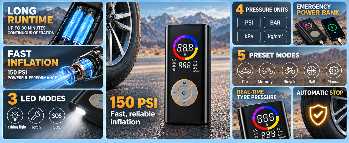 Text reads 'LONG WORKING TIME', 'FAST INFLATION', 'LED MODES', '150 PSI' and 'FOREST KING'. Multi-panel product showcase of portable air pump with LED display, featuring specifications and operational modes highlighted across different views.