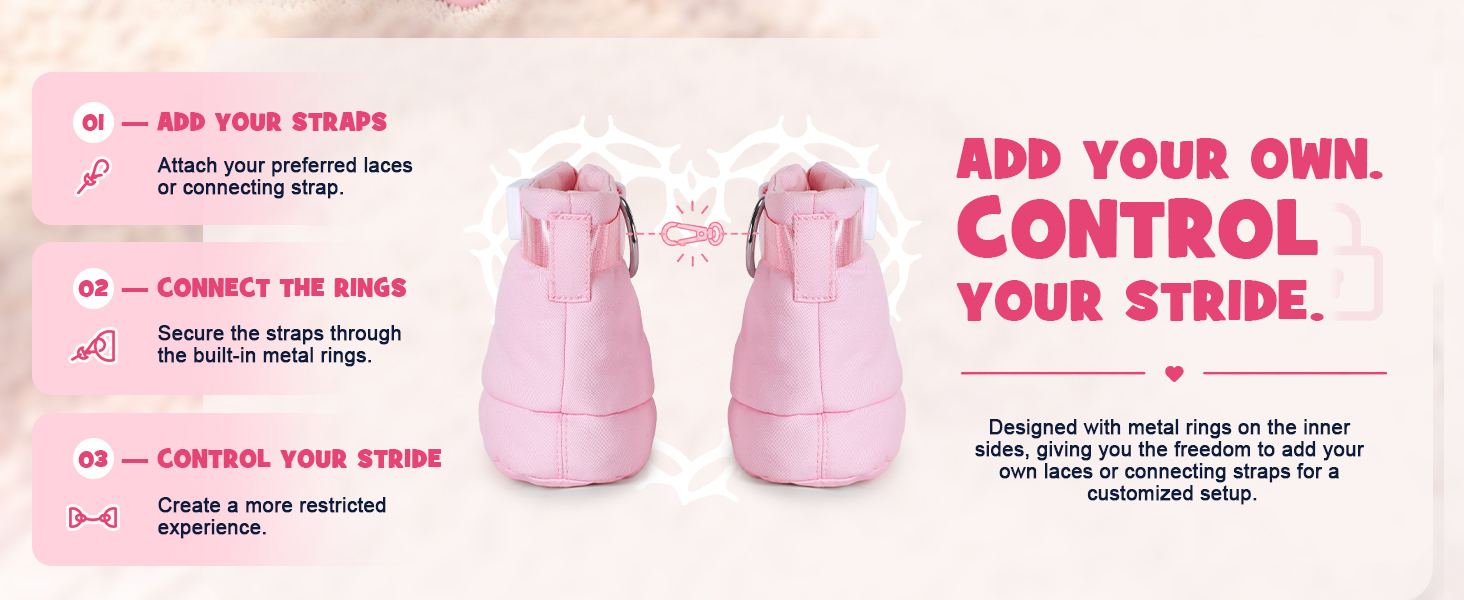 Text reads 'ADD YOUR OWN. CONTROL YOUR STRIDE.' Two pink water bottles shown with customizable design elements. Pink text describes adjustable weight system for personalized workout control.