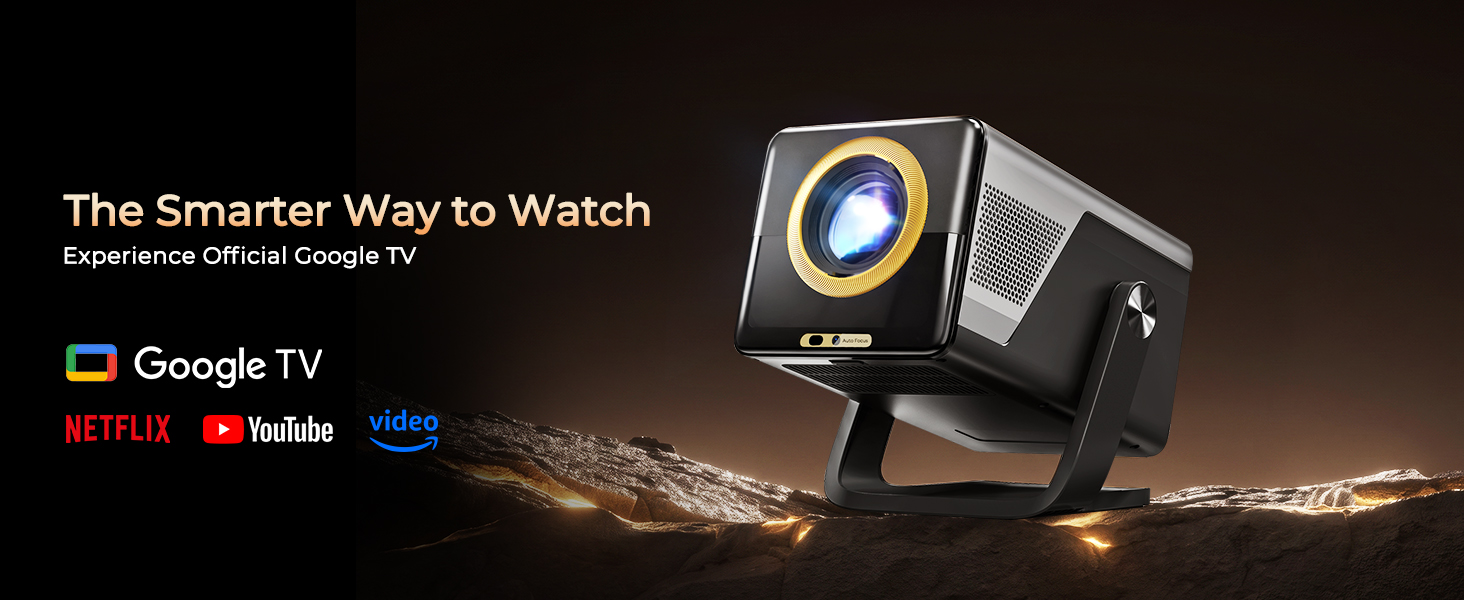 Text reads "The Smarter Way to Watch" with Google TV and YouTube logos. Promotional image showing a compact projector device with warm spotlight illumination against dark background.