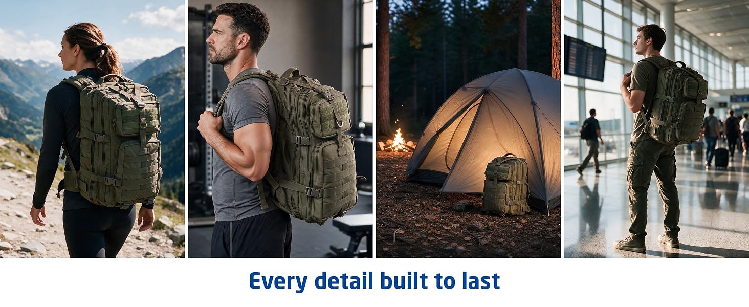 Text reads 'Every detail built to last.' Composite showing four outdoor lifestyle scenes: person wearing backpack on mountain, close-up of rolled sleeve, golden hour landscape, urban street view.