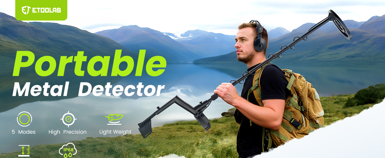 Text reads: 'Portable Metal Detector PERFECT FOR EVERY OCCASION'. Marketing banner showing metal detector product with highlighted features and use cases.