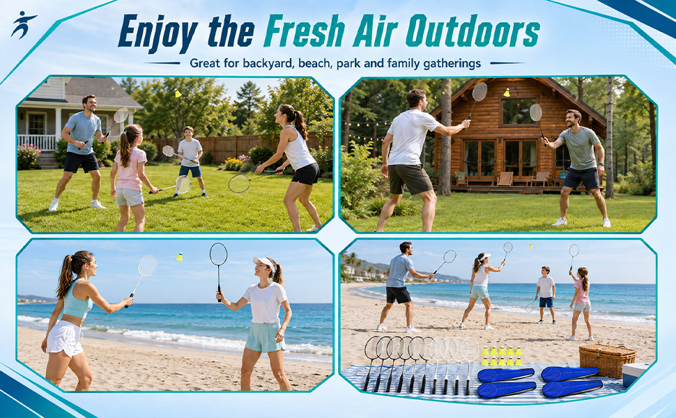 Text reads 'Enjoy the Fresh Air Outdoors'. Four-panel composite image showing outdoor recreational activities: lawn games with children, beach volleyball play, and water activities at coastline.